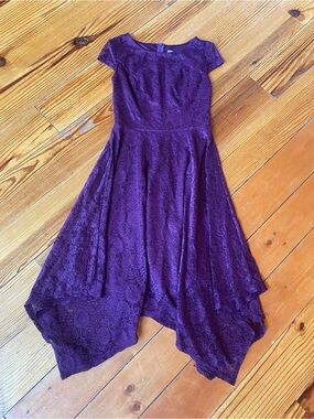 Berry Love Purple Lace Handkerchief Hem Fit Flare Cocktail Dress Size Small